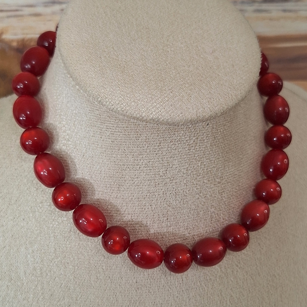 Red Moonglow Lucite Beaded Vintage Necklace with Gold Tone Clasp SOLD